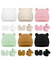 ZURLEFY Beige Baby Socks Hats with Mittens, 6 Pack Stretchy Cotton Newborn Hats and Mittens for Boys, No Scratch Mittens and Beanie Cap for Toddler Infant Hospital Hat (56-02-6P1)